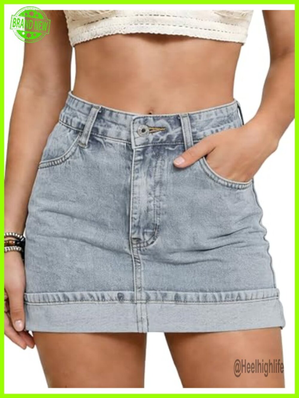 Women's High Rise Foldover Denim Mini Skort Stretch Jean Skirt with Shorts
